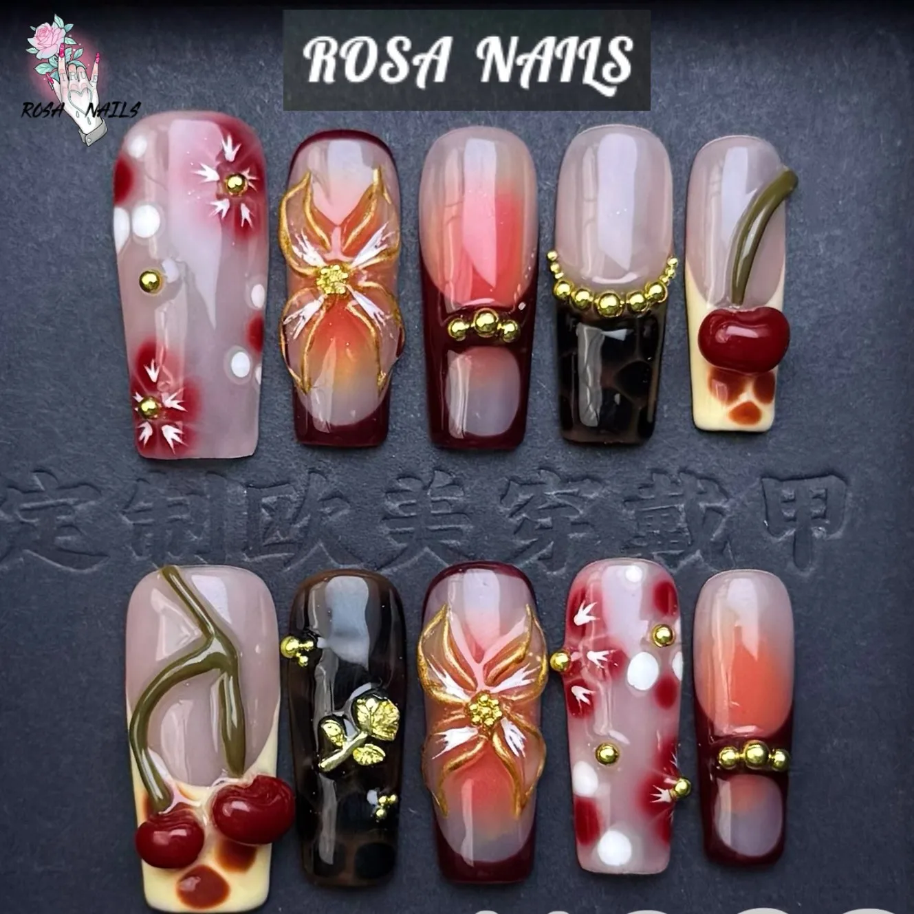 10pcs Handmade Autumn Flowers Press On Nails 3D Cherry Long Square Gold Foil Flower Tips Fake Nail Red French Style False Nail
10pcs Handmade Autumn Flowers Press On Nails 3D Cherry Long Square Gold Foil Flower Tips Fake Nail Red French Style False Nail