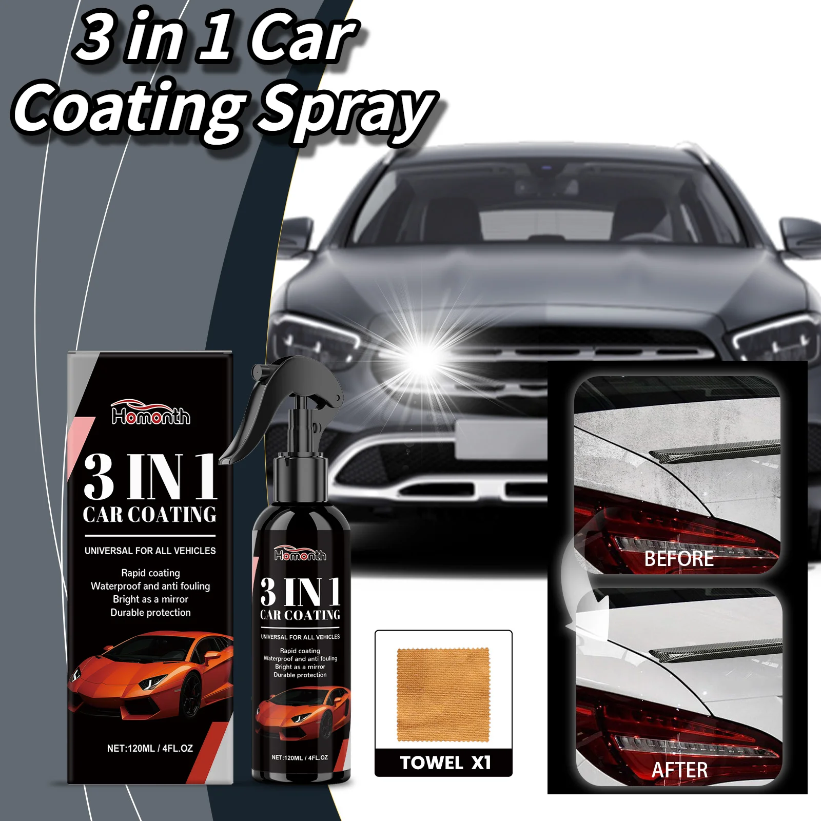 3 в 1 спрей для автомобильного покрытия, автомобильное покрытие, вощение поверхности, защита от пыли, водные пятна, глубокая очистка пятен, полировка, спрей для обслуживания, 120 мл
3 в 1 спрей для автомобильного покрытия, автомобильное покрытие, вощение поверхности, защита от пыли, водные пятна, глубокая очистка пятен, полировка, спрей для обслуживания, 120 мл