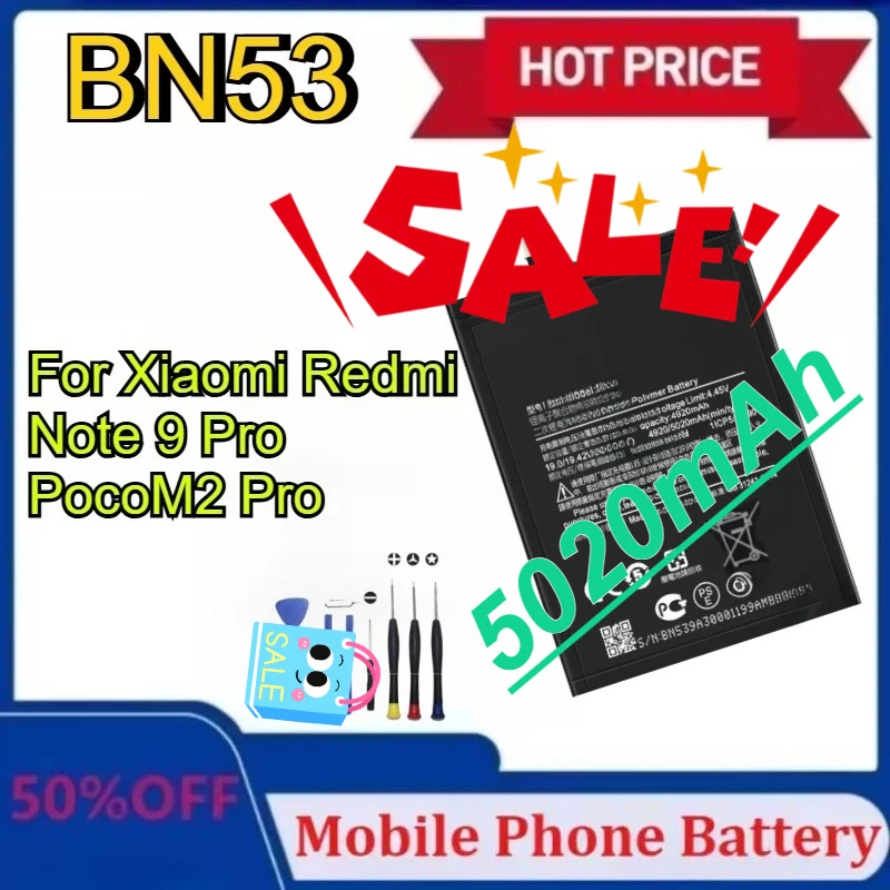 New BN53 5020mAh Mobile Phone Battery for Xiaomi Redmi Note 9 Pro PocoM2 Pro Phone Batteries with Tools
New BN53 5020mAh Mobile Phone Battery for Xiaomi Redmi Note 9 Pro PocoM2 Pro Phone Batteries with Tools