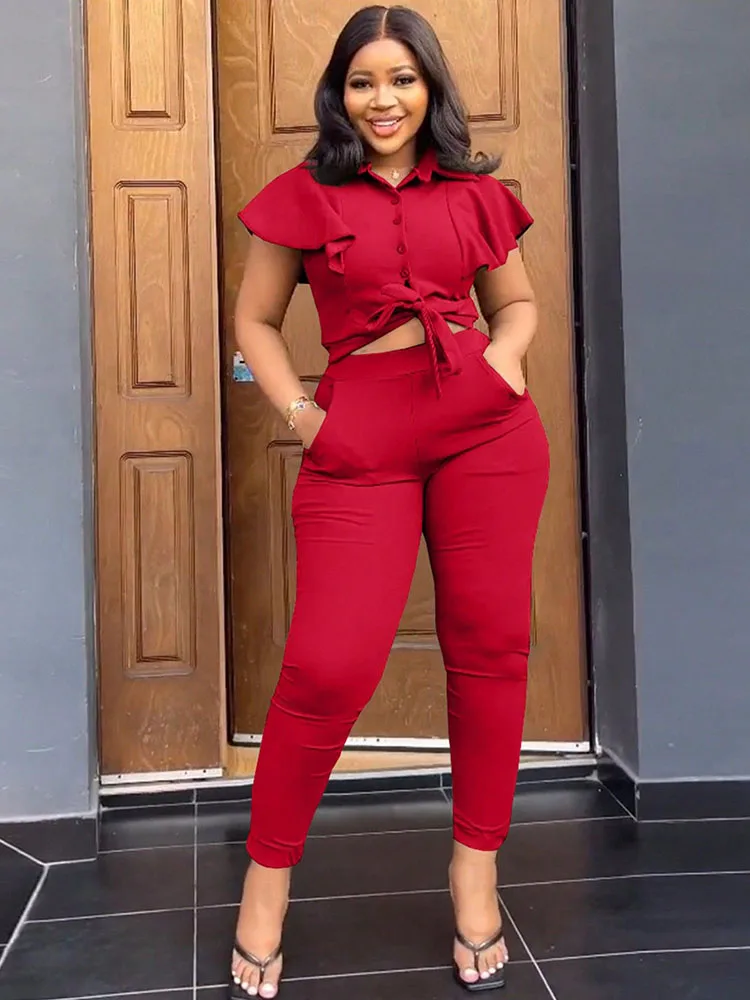 Solid Streetwear Pants Set Women Two Piece Outfits Short Ruffles Sleeve Button Lace-Up Top and Pocket Pants Casual Matching Sets
Solid Streetwear Pants Set Women Two Piece Outfits Short Ruffles Sleeve Button Lace-Up Top and Pocket Pants Casual Matching Sets