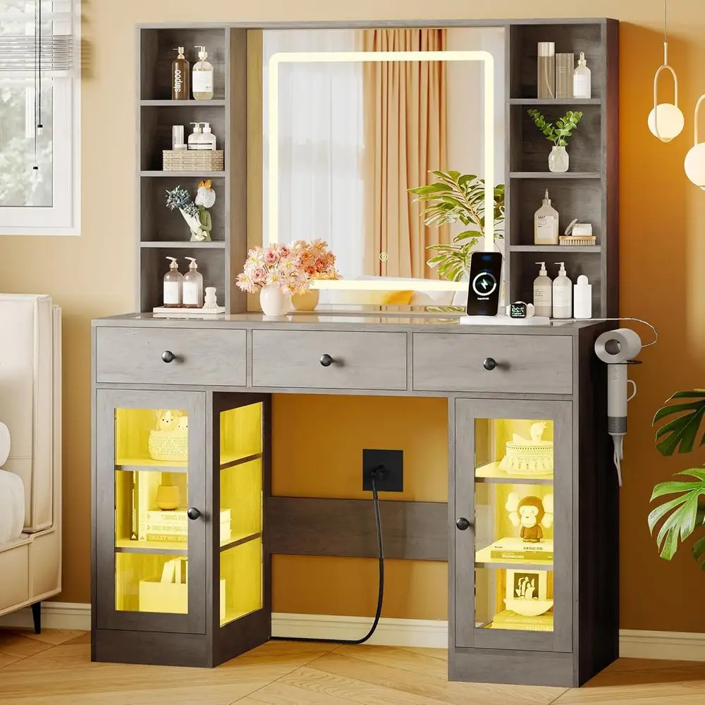 HD Lighted Mirror Vanity Desk with Power Outlet, Glass Top Table Set with Storage Drawers & RGB Cabinet, Large Dressing Table fo
HD Lighted Mirror Vanity Desk with Power Outlet, Glass Top Table Set with Storage Drawers & RGB Cabinet, Large Dressing Table fo