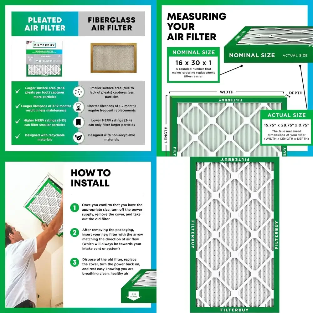 6-Pack MERV 8 Pleated Air Filters for Dust & Allergy Relief - HVAC AC Furnace Replacement (Actual Size: 15.75 x 29.75 x 0.75)
6-Pack MERV 8 Pleated Air Filters for Dust & Allergy Relief - HVAC AC Furnace Replacement (Actual Size: 15.75 x 29.75 x 0.75)