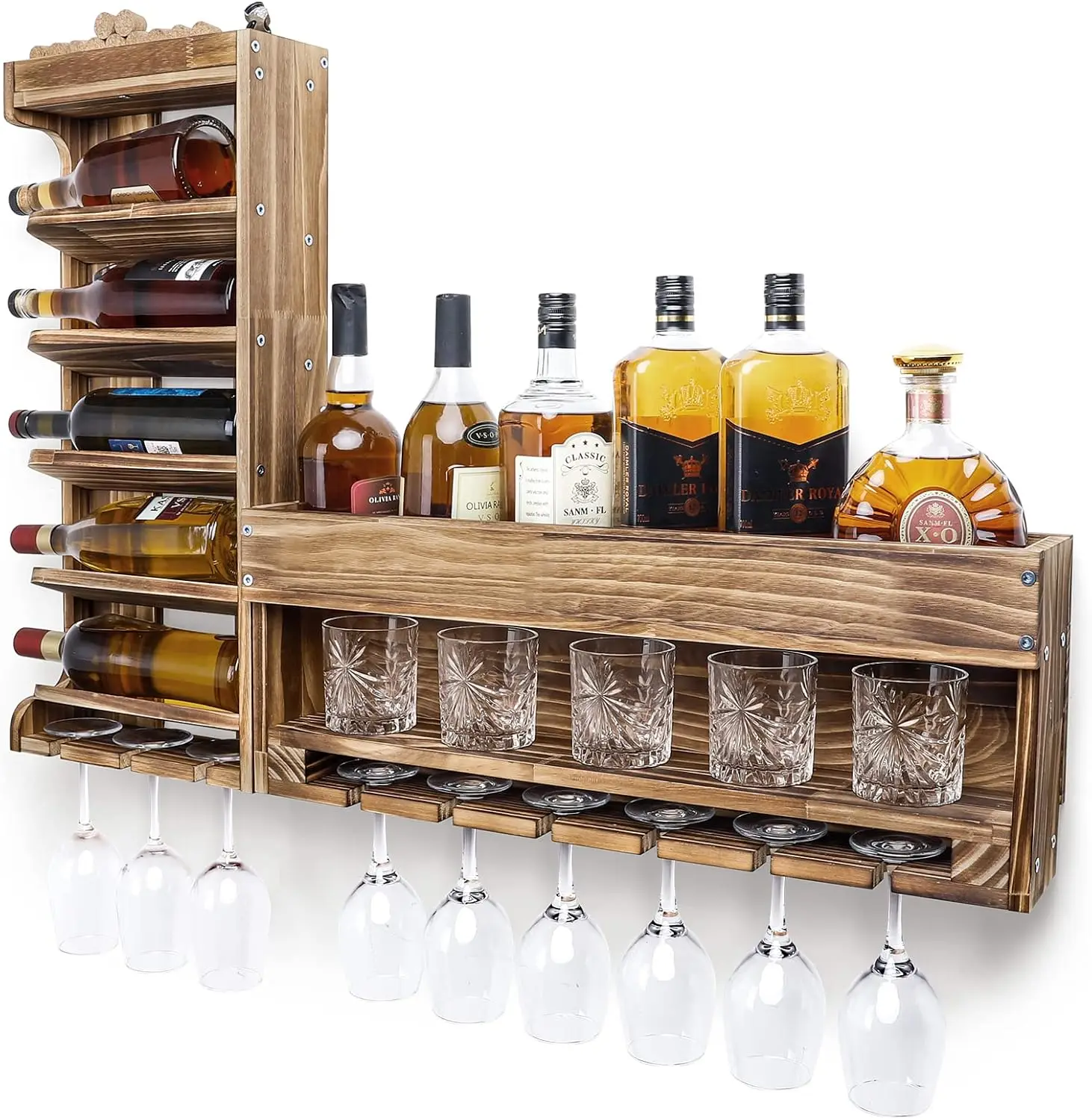 Wine Rack Wall Mounted Wood,Alcohol Shelf with Bottle Stemware Glass Holder Rustic Whiskey Display Storage with Cork Storage
Wine Rack Wall Mounted Wood,Alcohol Shelf with Bottle Stemware Glass Holder Rustic Whiskey Display Storage with Cork Storage