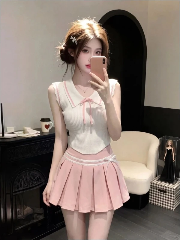 Summer Sweet Spicy JK Uniform Style Knitted Top And Skirt Set High Waist Pleated Dress Pink Sleeveless Two-Piece Outfit
Summer Sweet Spicy JK Uniform Style Knitted Top And Skirt Set High Waist Pleated Dress Pink Sleeveless Two-Piece Outfit