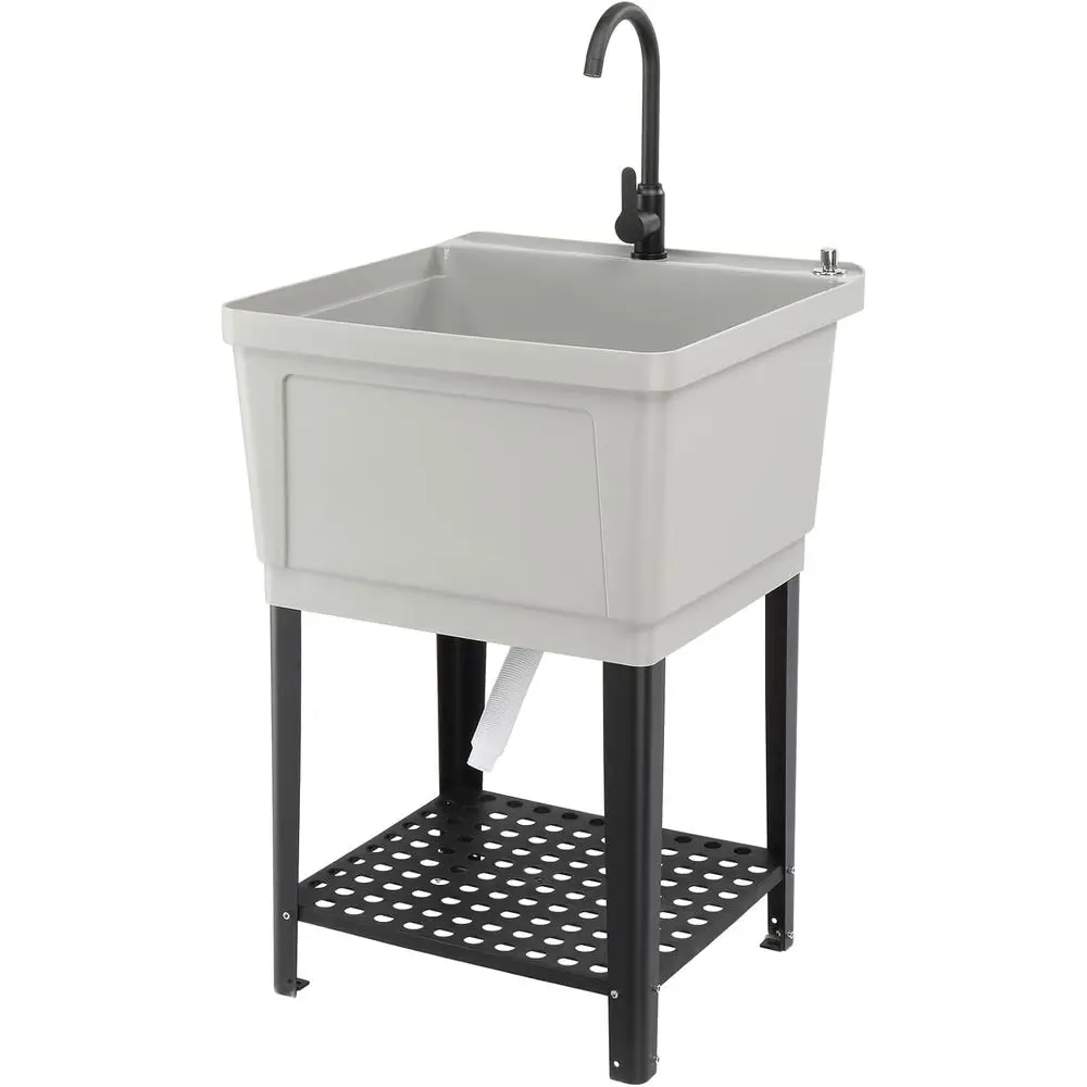 Grey Utility Sink with Hot/Cold Faucet, Soap Dispenser, Drain Plug, Iron Legs, and Storage Shelf for Basement, Laundry, or Garag
Grey Utility Sink with Hot/Cold Faucet, Soap Dispenser, Drain Plug, Iron Legs, and Storage Shelf for Basement, Laundry, or Garag