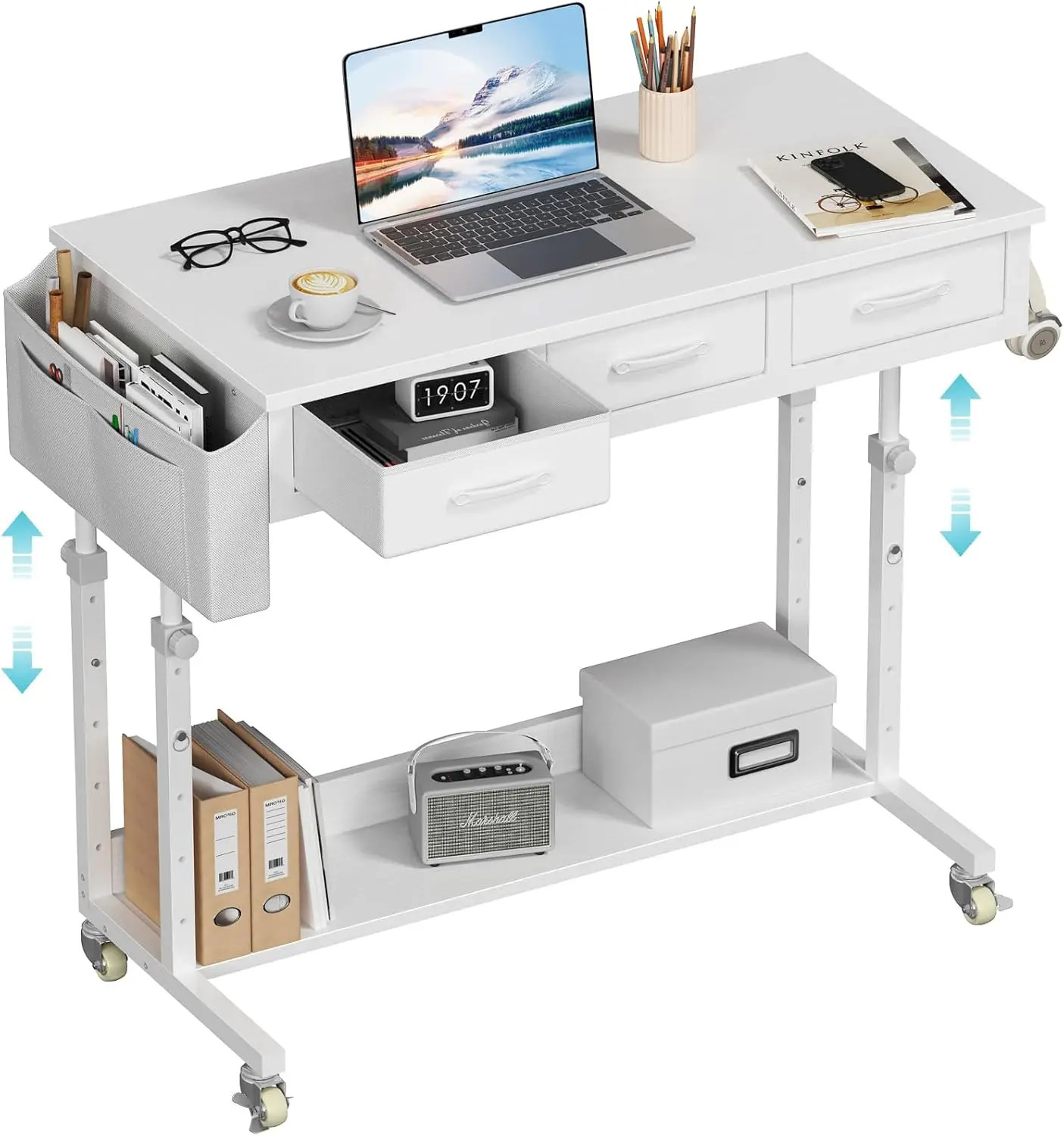 Adjustable Rolling Computer Desk with Storage, White
Adjustable Rolling Computer Desk with Storage, White