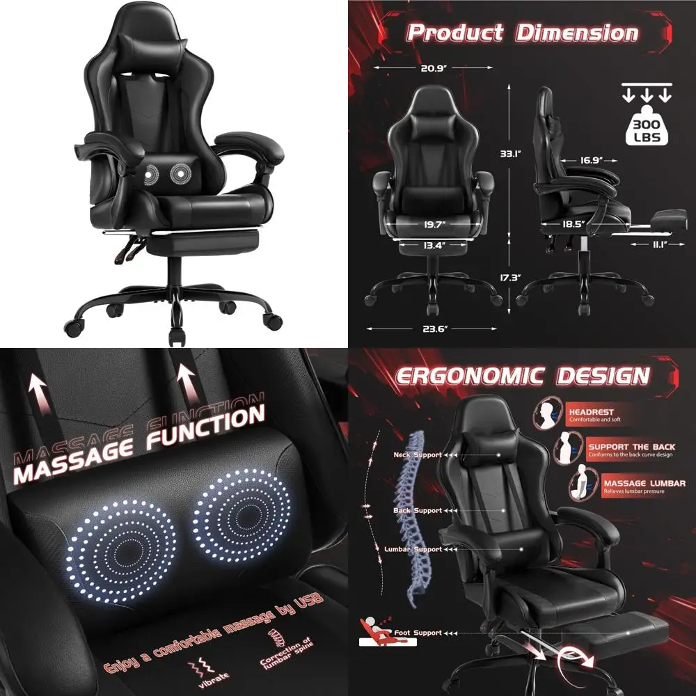 Ergonomic Massage Lumbar Support Gaming Chair with Footrest, 360° Swivel and Height Adjustable Seat for Comfortable Computing
Ergonomic Massage Lumbar Support Gaming Chair with Footrest, 360° Swivel and Height Adjustable Seat for Comfortable Computing