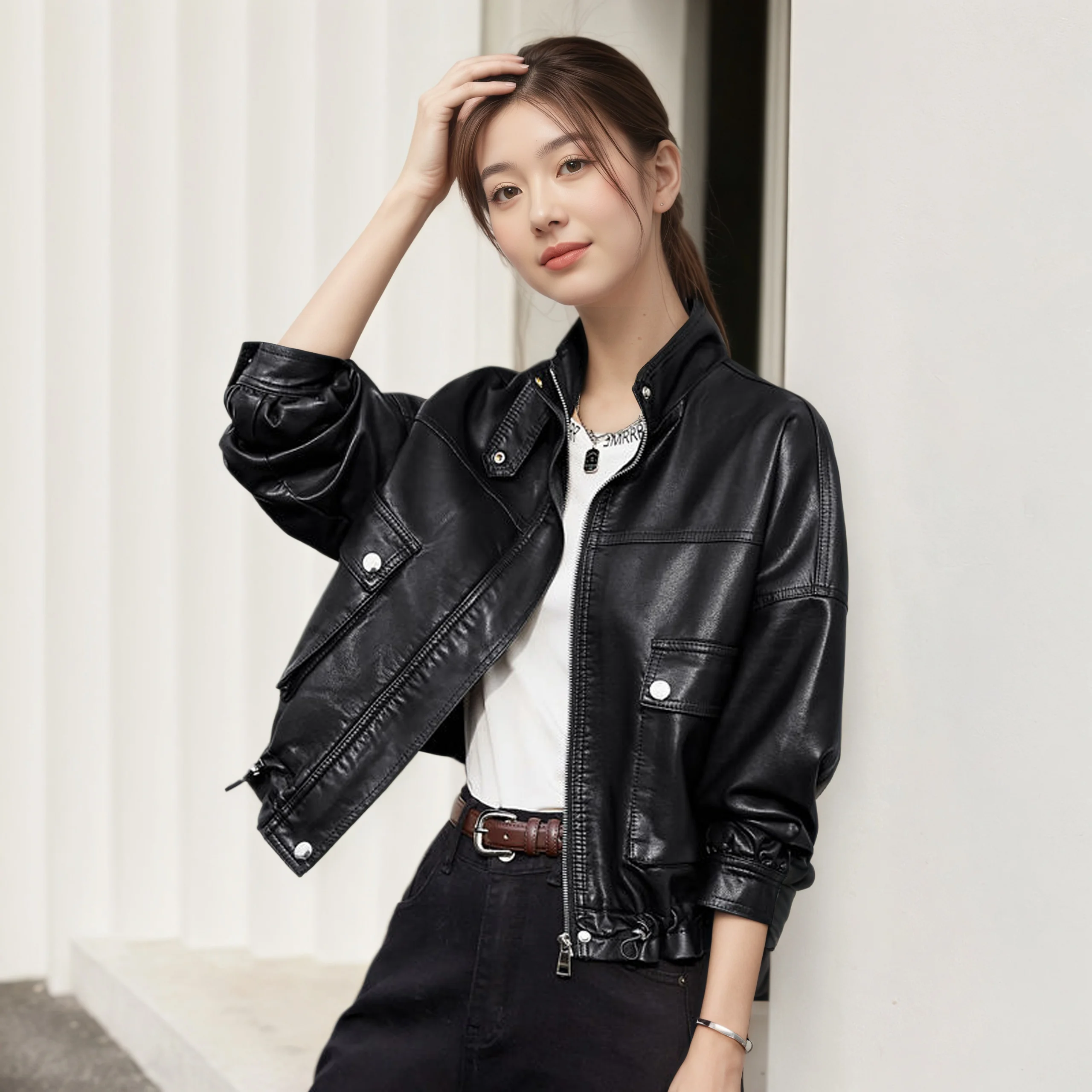 Street Sle Women's ort Biker Jaet Leather Coat Casual American Retro Hong Kong Sle Zipper Loose Fit Polyester Fiber
Street Sle Women's ort Biker Jaet Leather Coat Casual American Retro Hong Kong Sle Zipper Loose Fit Polyester Fiber