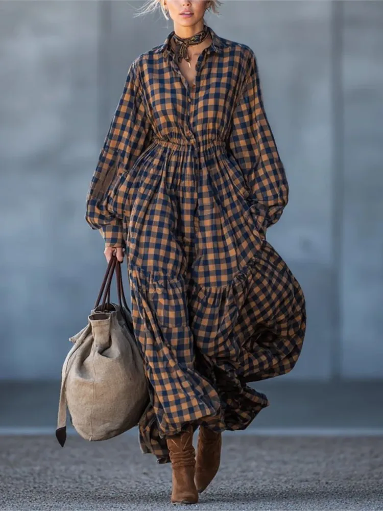 Casual Plaid Print Loose Long Dresses Woman Elegant Lapel Collar Buttons Shirt Dress Autumn Long Sleeve High Waist Maxi Dress
Casual Plaid Print Loose Long Dresses Woman Elegant Lapel Collar Buttons Shirt Dress Autumn Long Sleeve High Waist Maxi Dress