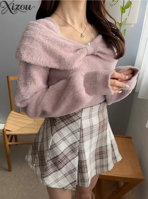 2025 Japanese Korean Sweet Knitted Sweaters Women Winter Autumn Off-Shoulder Bow Shawl Pink Tops Y2K Elegant Sexy Slim Pullovers
2025 Japanese Korean Sweet Knitted Sweaters Women Winter Autumn Off-Shoulder Bow Shawl Pink Tops Y2K Elegant Sexy Slim Pullovers