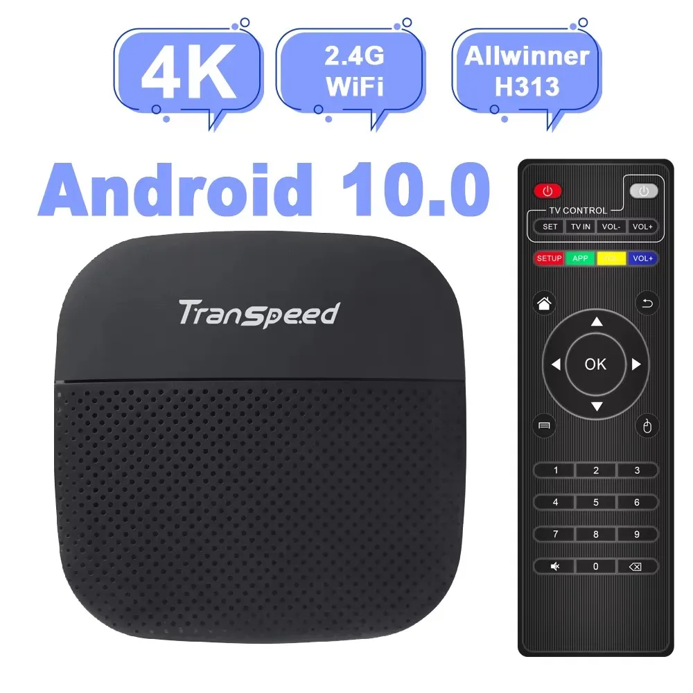 Transpeed Android 10 TV Box Allwinner H313 Quad Core Cortex A53 BT5.0 2.4G 100M WiFi Support 4K 3D 16GB TV Box Set Top Box
Transpeed Android 10 TV Box Allwinner H313 Quad Core Cortex A53 BT5.0 2.4G 100M WiFi Support 4K 3D 16GB TV Box Set Top Box