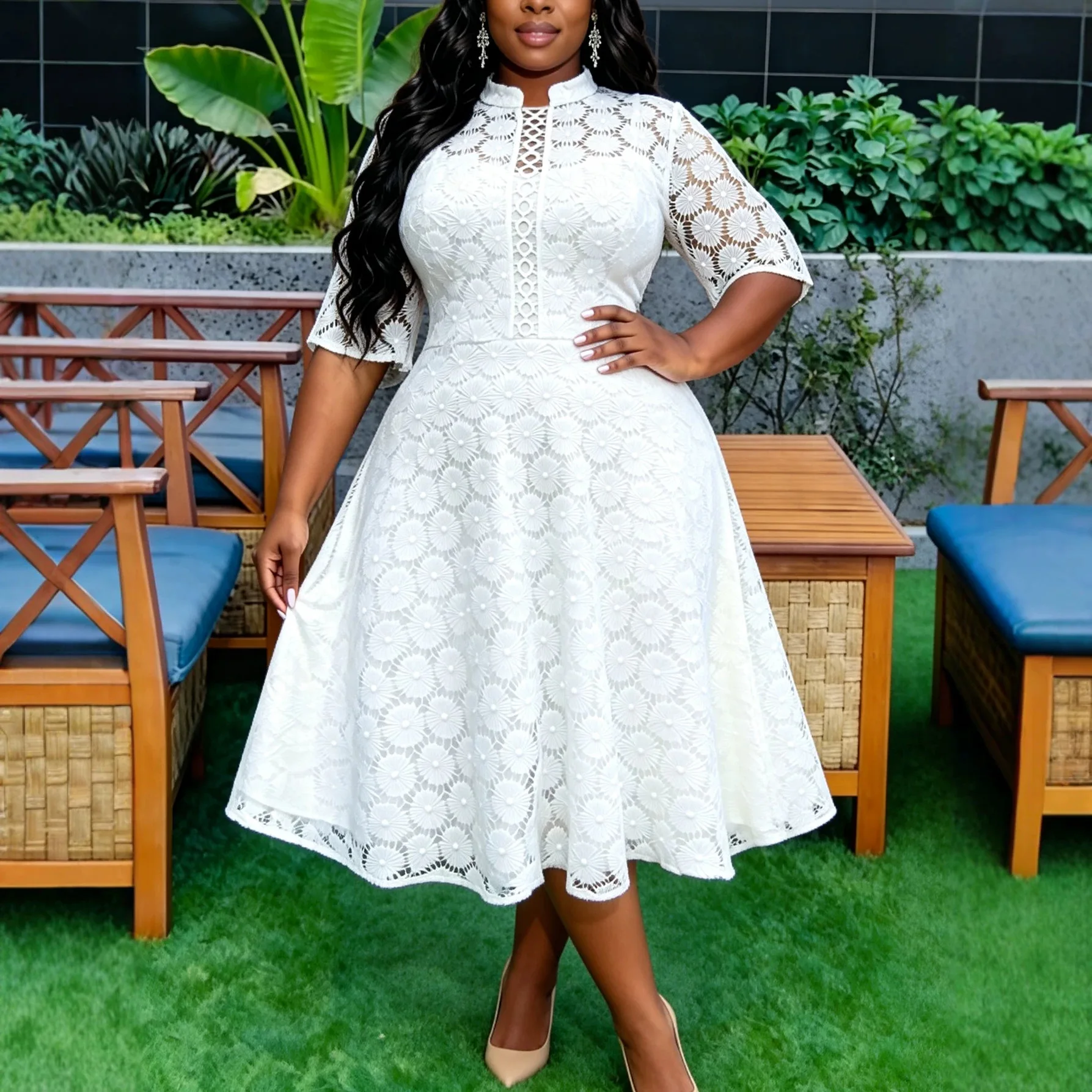 Plus-size Women's White Lace Dress, Stand-up Collar, Hollowed-out Waist, A-line, Large Hem, Mid-length Formal Dress Casual Y2K
Plus-size Women's White Lace Dress, Stand-up Collar, Hollowed-out Waist, A-line, Large Hem, Mid-length Formal Dress Casual Y2K