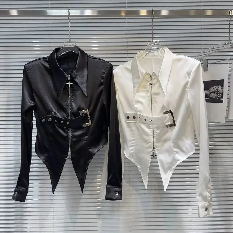 Korejpaa Women Shirt Dark Hot Girl Metal Buckle Belt Decoration Satin Shirts Sexy Hotsweet Zipper Slim Short Blusas Mujer
Korejpaa Women Shirt Dark Hot Girl Metal Buckle Belt Decoration Satin Shirts Sexy Hotsweet Zipper Slim Short Blusas Mujer