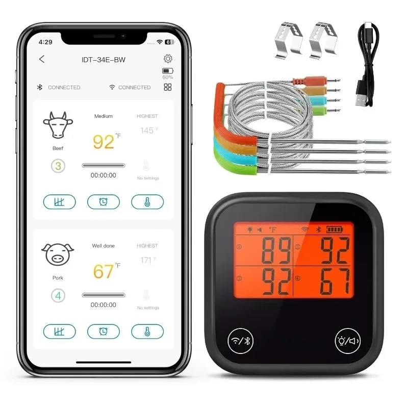 Bluetooth & WiFi Wireless Meat Thermometer, 4 Probes WiFi Meat Thermometer with Clear LCD for Smoking, Bluetoo
Bluetooth & WiFi Wireless Meat Thermometer, 4 Probes WiFi Meat Thermometer with Clear LCD for Smoking, Bluetoo