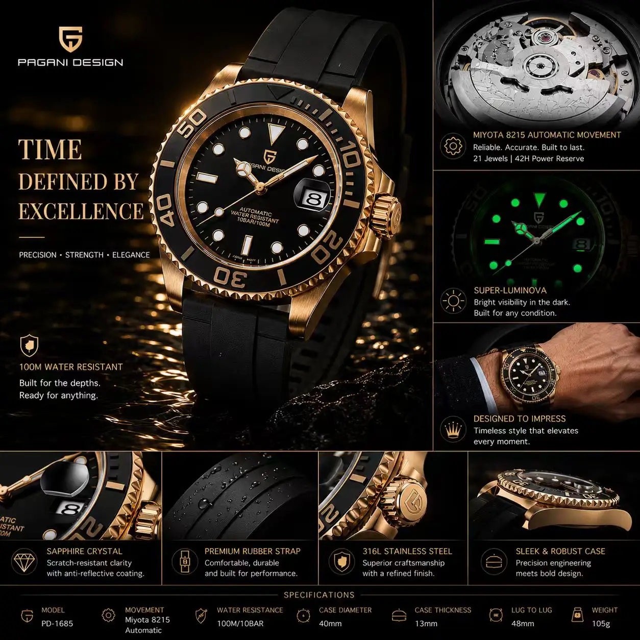 PAGANI DESIGN Men's Automatic Watch Miyota 8215 Movement 100M WaterproofWatch Rubber Strap Luminous Luxury Mechanical Wristwatch
PAGANI DESIGN Men's Automatic Watch Miyota 8215 Movement 100M WaterproofWatch Rubber Strap Luminous Luxury Mechanical Wristwatch