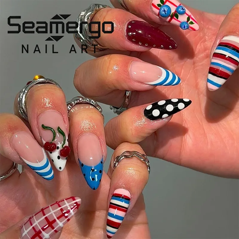 24PCS Retro Red Blue Stripes French Nail Tips Polka Dots Plaid Sweet Almond Press on Nails Cute 3D Cherry Blueberry False Nails
24PCS Retro Red Blue Stripes French Nail Tips Polka Dots Plaid Sweet Almond Press on Nails Cute 3D Cherry Blueberry False Nails
