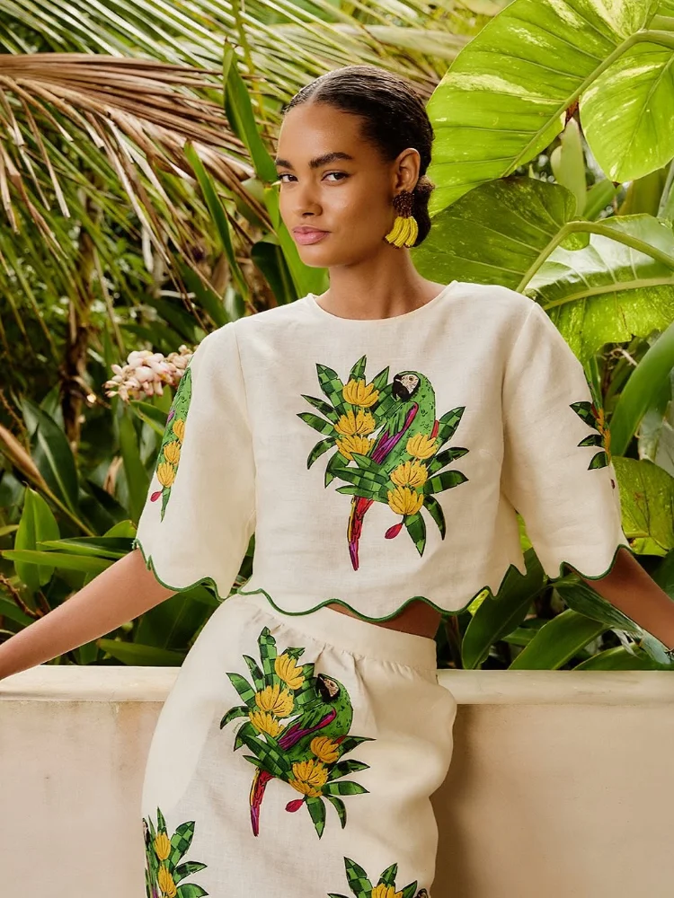 Sweet Printed Slim Women's 2 Pcs Suits O-neck Flare Short Sleeve Ruffles Tops High Waist Skirts Charming Ladies Outfits New
Sweet Printed Slim Women's 2 Pcs Suits O-neck Flare Short Sleeve Ruffles Tops High Waist Skirts Charming Ladies Outfits New