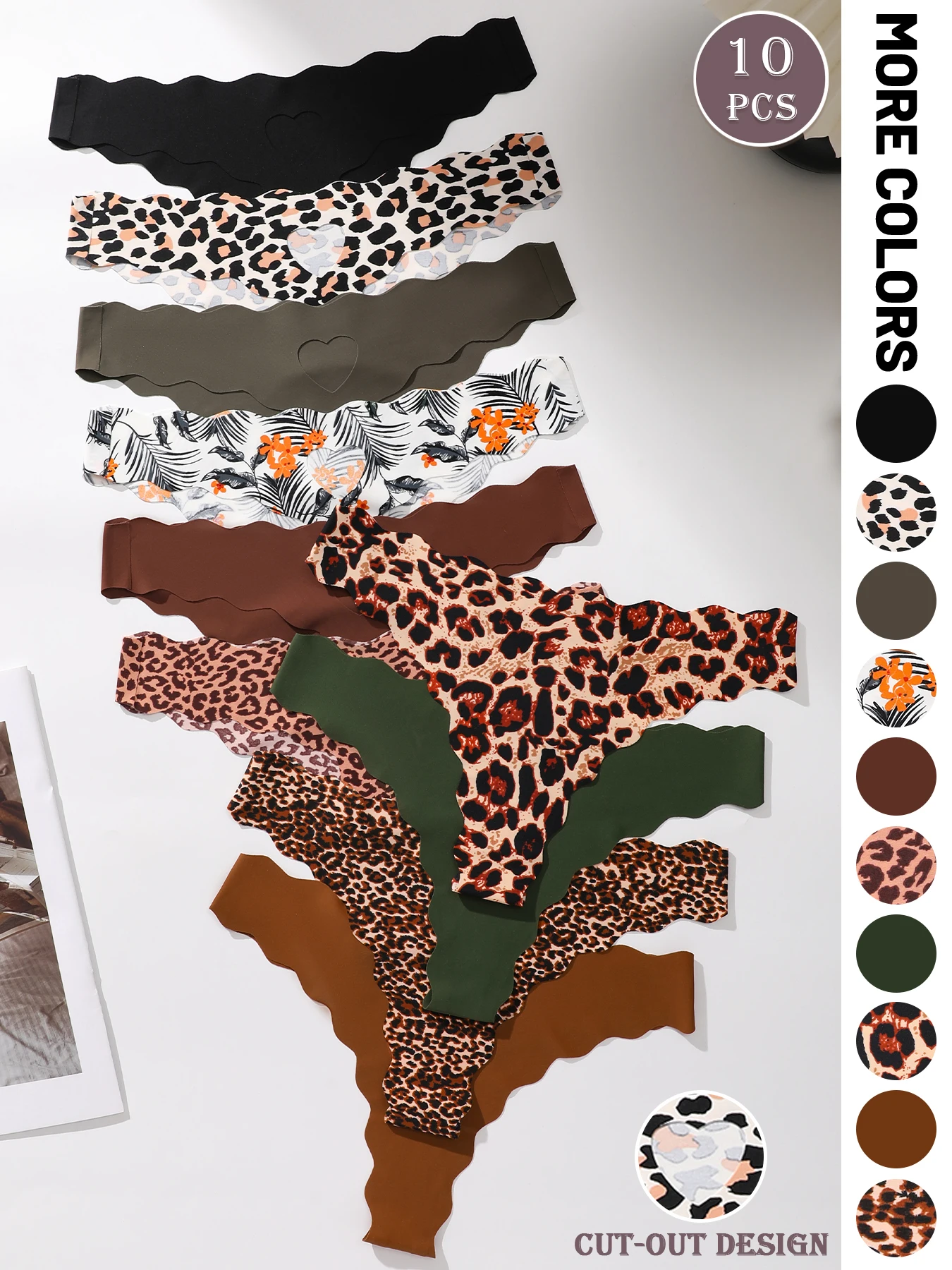 10PCS Cutout Heart Wavy Edge Thongs, Leopard & Floral Print Seamless No Show Underwear
10PCS Cutout Heart Wavy Edge Thongs, Leopard & Floral Print Seamless No Show Underwear