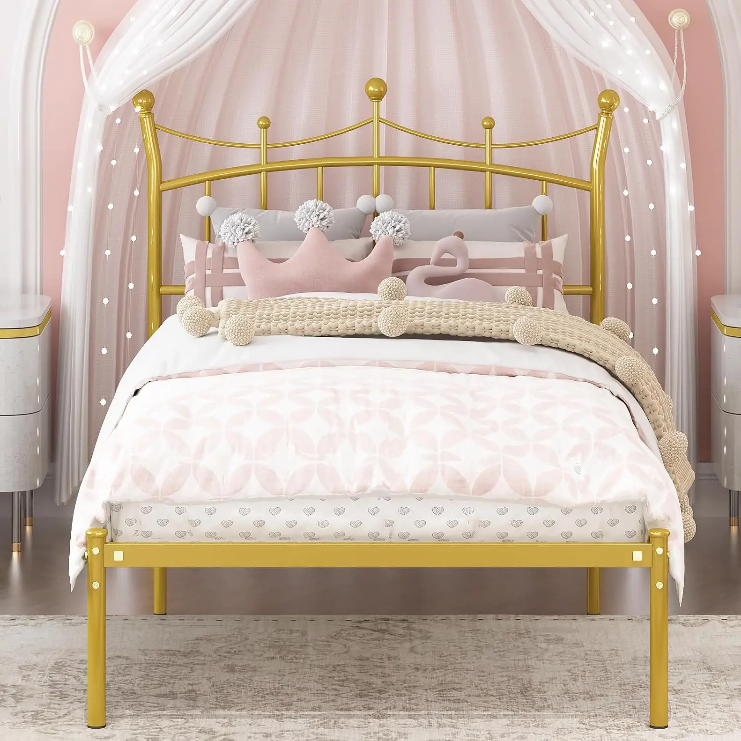 Kids Twin Bed Frame with Crown Headboard, Easy Assembly Metal Platform, Gold Finish
Kids Twin Bed Frame with Crown Headboard, Easy Assembly Metal Platform, Gold Finish