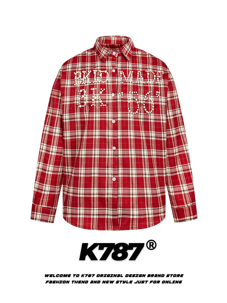 K787 American Retro Lazy Sle Pearl Splicing Long Sve irt ex Red Plaid Versatile Couple Outerwear Spring Season
K787 American Retro Lazy Sle Pearl Splicing Long Sve irt ex Red Plaid Versatile Couple Outerwear Spring Season
