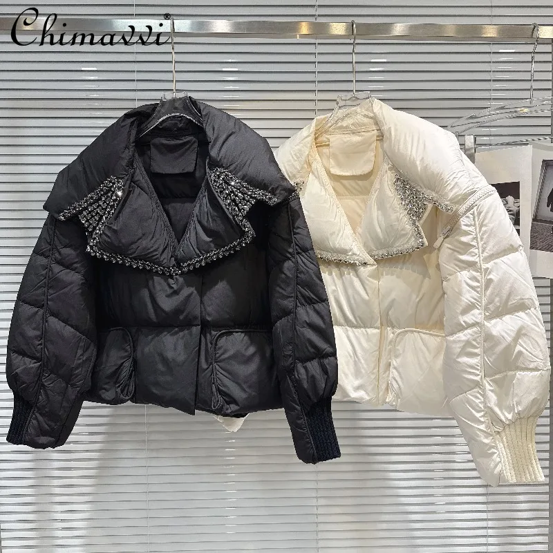 Winter Heavy Water Drop Rhinestone Beaded Turn-down Collar Loose Warm Down Jacket Women Fashion Long Sleeve Warm Elegant Coat 
Winter Heavy Water Drop Rhinestone Beaded Turn-down Collar Loose Warm Down Jacket Women Fashion Long Sleeve Warm Elegant Coat