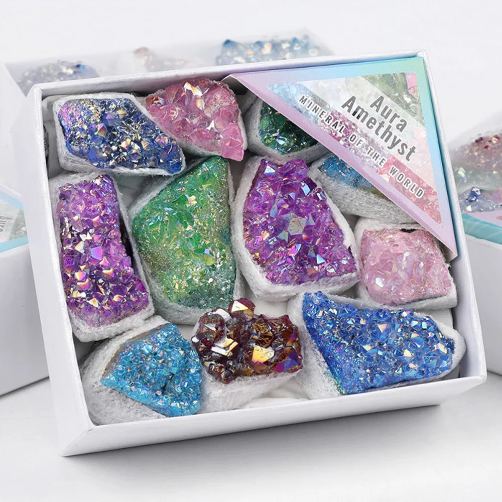 Natural Aura Amethyst Cluster Electroplated Colored Coated Crystal Gift Box Reiki Healing Quartz Drusy Geode Specimen Home Decor
Natural Aura Amethyst Cluster Electroplated Colored Coated Crystal Gift Box Reiki Healing Quartz Drusy Geode Specimen Home Decor