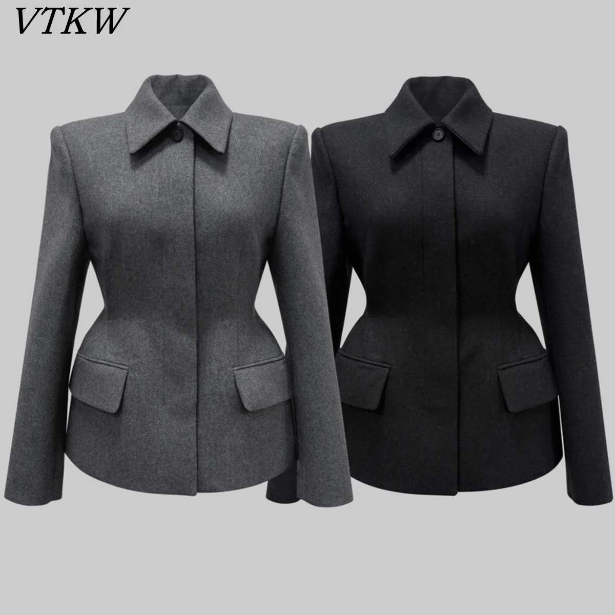VTKW Women Gray Black Wool Blazer Slim Fit Peplum Waist Lapel Collar Long Sleeve Buttoned Office Formal Elegant Winter Warm
VTKW Women Gray Black Wool Blazer Slim Fit Peplum Waist Lapel Collar Long Sleeve Buttoned Office Formal Elegant Winter Warm