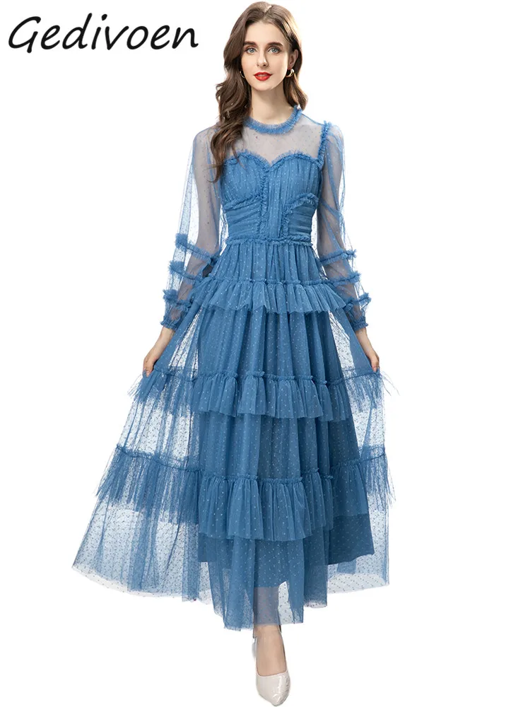 Gedivoen Autumn Fashion Designer Light Blue Vintage Dot Dress Women Lantern Sleeve High Waist Mesh Ruffle Slim A-LINE Long Dress
Gedivoen Autumn Fashion Designer Light Blue Vintage Dot Dress Women Lantern Sleeve High Waist Mesh Ruffle Slim A-LINE Long Dress
