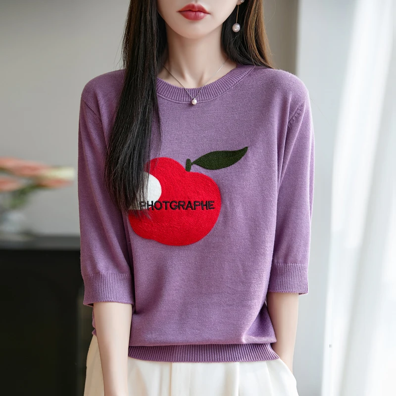 Summer new women's wool T-shirt casual knitted sweater short sleeved loose O-neck pullover fashionable embroidered soft top
Summer new women's wool T-shirt casual knitted sweater short sleeved loose O-neck pullover fashionable embroidered soft top