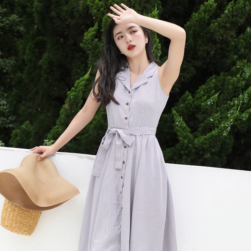 Retro Plaid V-neck Sleeveless Shirt Dress Slimming Intellectual Full A-Line Umbrella Skirt Purple Women's Summer New Style
Retro Plaid V-neck Sleeveless Shirt Dress Slimming Intellectual Full A-Line Umbrella Skirt Purple Women's Summer New Style