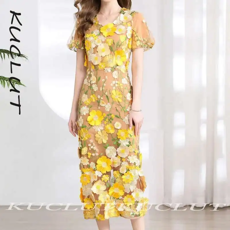 KUCLUT Fashion Heavy Industry Embroidery Three Dimensional Flowers Bubble Sleeve V-neck Split Dress For Women Female K262
KUCLUT Fashion Heavy Industry Embroidery Three Dimensional Flowers Bubble Sleeve V-neck Split Dress For Women Female K262