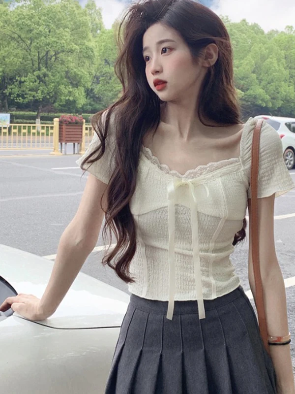 Ele ort Lace Chiffon Top Women Summer Pure Desire Slim Fit Square Collar V Ne ort Sve Ins Sle Korean Faion
Ele ort Lace Chiffon Top Women Summer Pure Desire Slim Fit Square Collar V Ne ort Sve Ins Sle Korean Faion