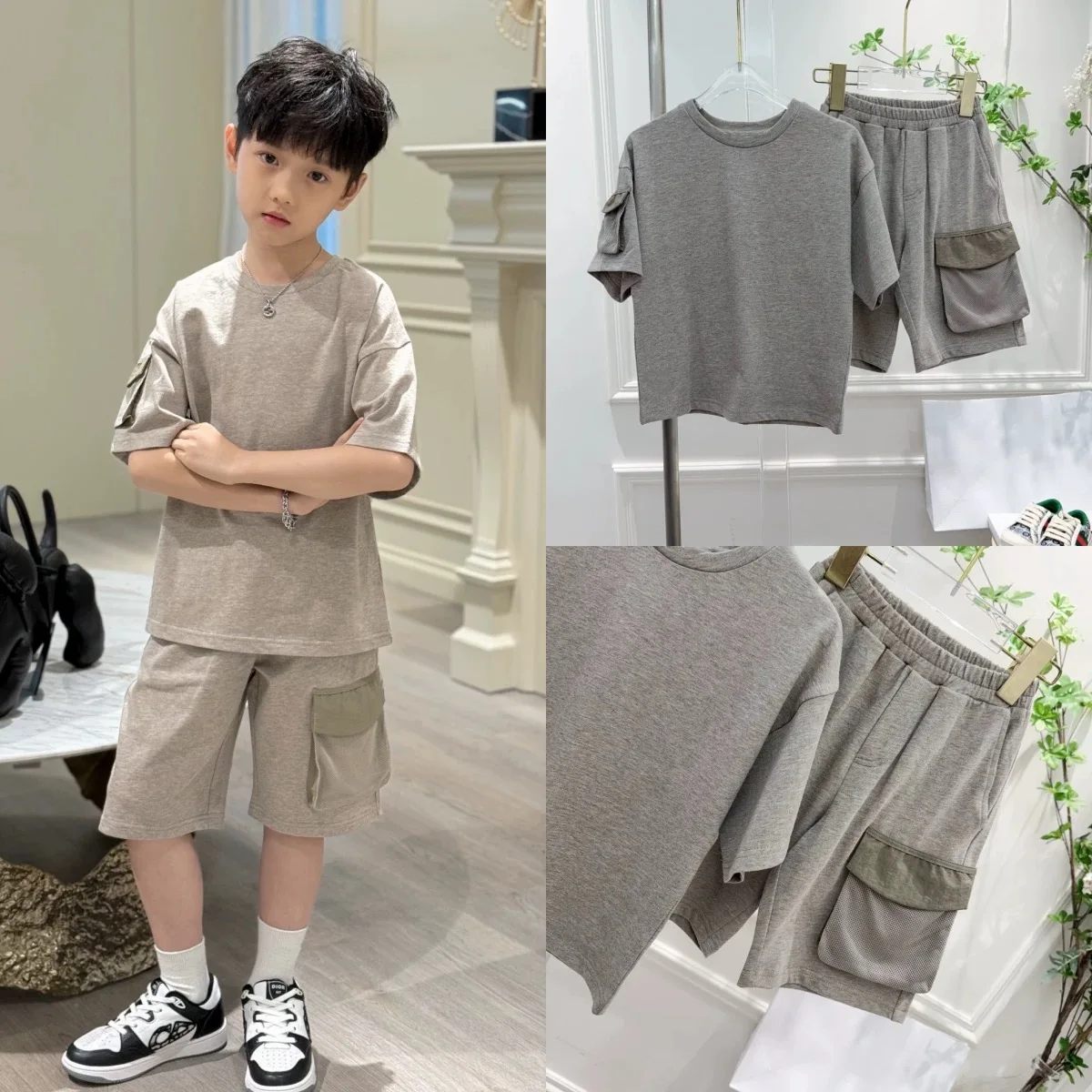2025 Spring/Summer New Men's and Women's High End Grey Shoulder Side Pocket Round Neck T-shirt Casual Pocket Shorts Set
2025 Spring/Summer New Men's and Women's High End Grey Shoulder Side Pocket Round Neck T-shirt Casual Pocket Shorts Set
