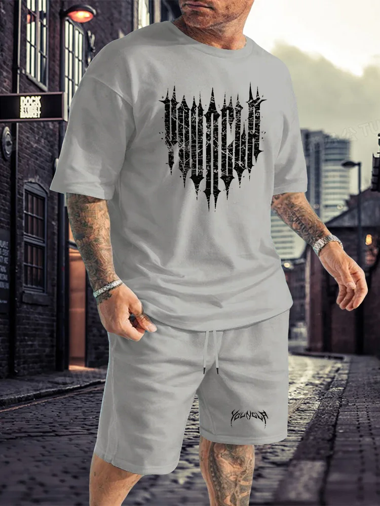 Men's Summer Casual Tracksuit, Distressed Gothic Graphic Print Short Sleeve Tee + Elastic Waist Shorts 2 Piece Sportswear Set
Men's Summer Casual Tracksuit, Distressed Gothic Graphic Print Short Sleeve Tee + Elastic Waist Shorts 2 Piece Sportswear Set