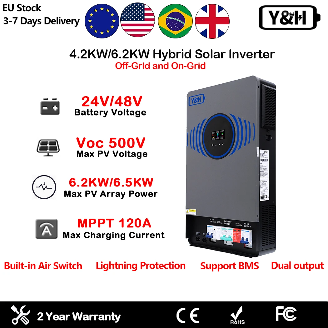 Y&H 4.2KW 6.2KW Hybrid Solar Inverter 24V48V Built-in Air Switch lightning Protection Off Grid 220V MPPT 120A solar charger
Y&H 4.2KW 6.2KW Hybrid Solar Inverter 24V48V Built-in Air Switch lightning Protection Off Grid 220V MPPT 120A solar charger