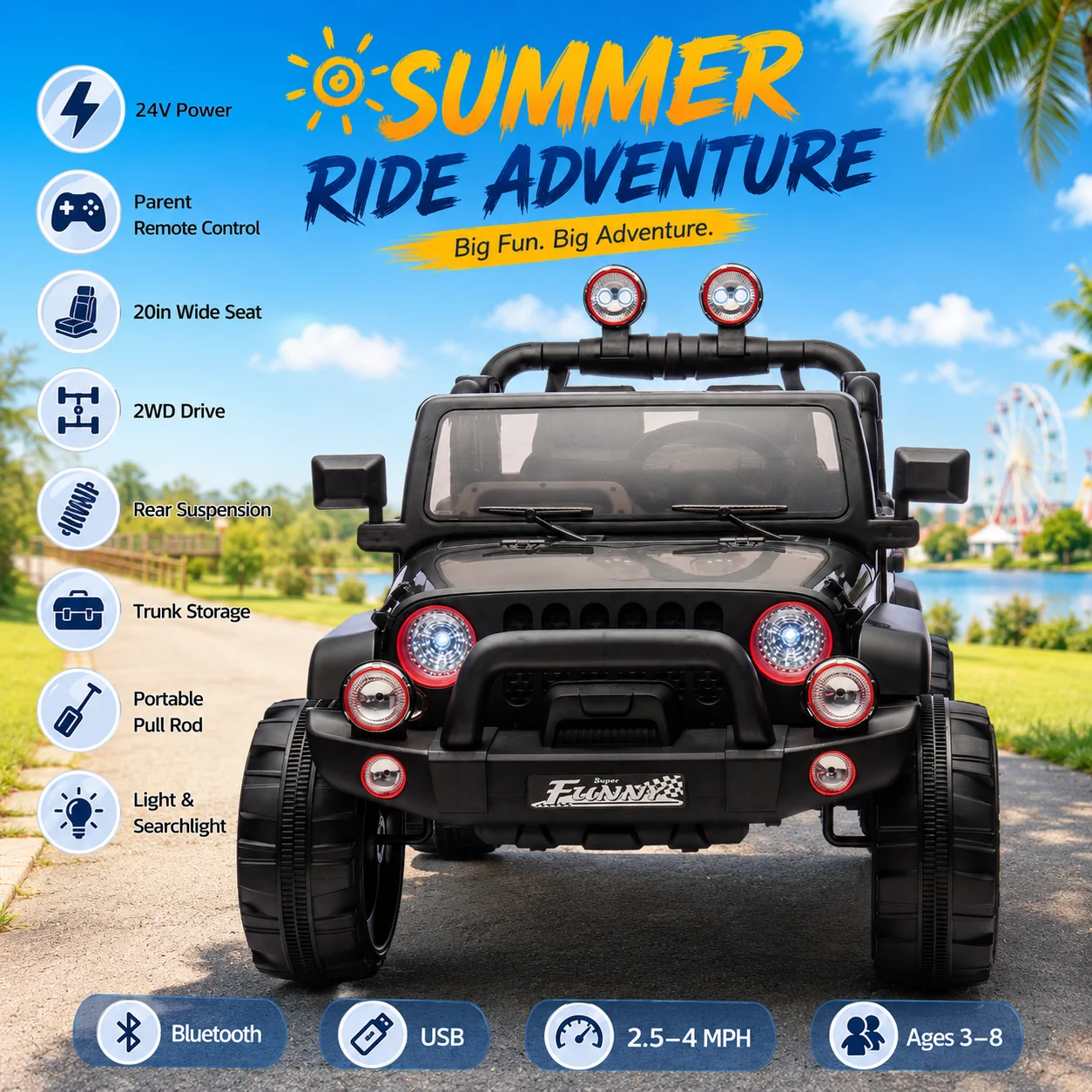 24V Kids Ride On Electric Car with Parent Remote 20in Wide Seat 2WD Bluetooth Trunk Storage SUV Toy for Kids Age 3-8 Years
24V Kids Ride On Electric Car with Parent Remote 20in Wide Seat 2WD Bluetooth Trunk Storage SUV Toy for Kids Age 3-8 Years