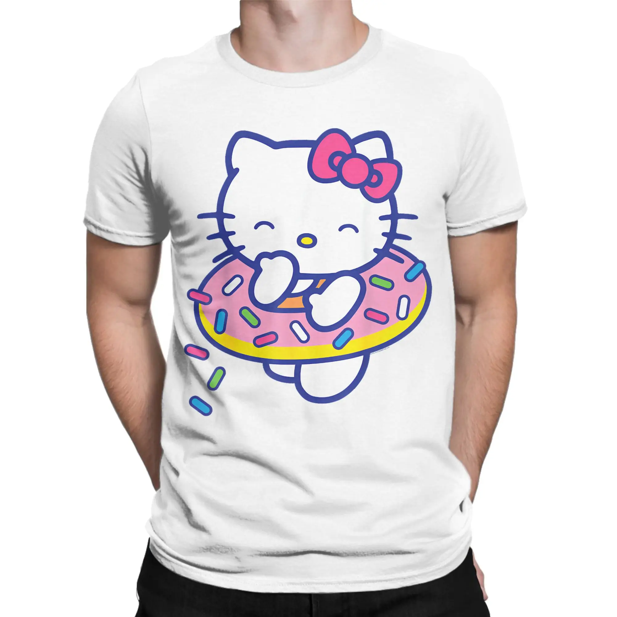 Мужская футболка Hello Kitty Donut Sprinkles Floaty, винтажные футболки с короткими рукавами и круглым вырезом, классические топы из 100% хлопка
Мужская футболка Hello Kitty Donut Sprinkles Floaty, винтажные футболки с короткими рукавами и круглым вырезом, классические топы из 100% хлопка