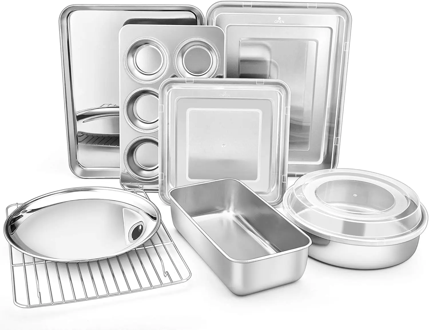 Stainless Steel Bakeware Set with Baking Sheet, Rack, Lids, Cake Pans, Muffin Pan & More - Healthy & Dishwasher Safe
Stainless Steel Bakeware Set with Baking Sheet, Rack, Lids, Cake Pans, Muffin Pan & More - Healthy & Dishwasher Safe