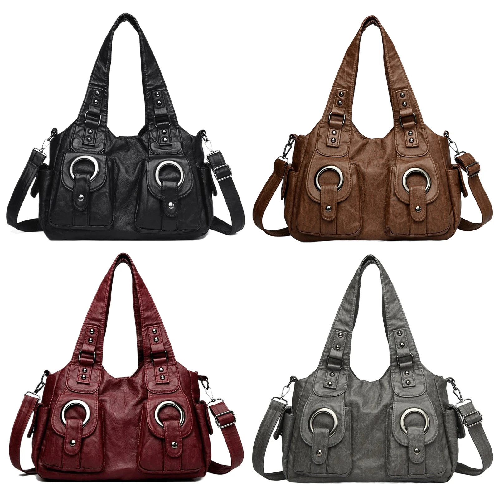 Женская сумка через плечо из искусственной кожи с несколькими карманами и регулируемым ремнем, вместительная сумка-тоут, сумки через плечо с заклепками для повседневного использования
Женская сумка через плечо из искусственной кожи с несколькими карманами и регулируемым ремнем, вместительная сумка-тоут, сумки через плечо с заклепками для повседневного использования