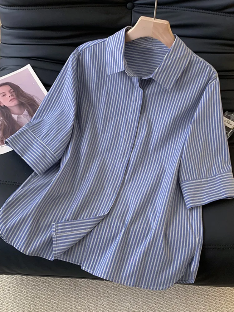 Loose Fit Pure Cotton Blue Striped Short Sleeve Shirt Women's Summer Thin Large Size Slimming Top Korean Style Lazy Fashion
Loose Fit Pure Cotton Blue Striped Short Sleeve Shirt Women's Summer Thin Large Size Slimming Top Korean Style Lazy Fashion