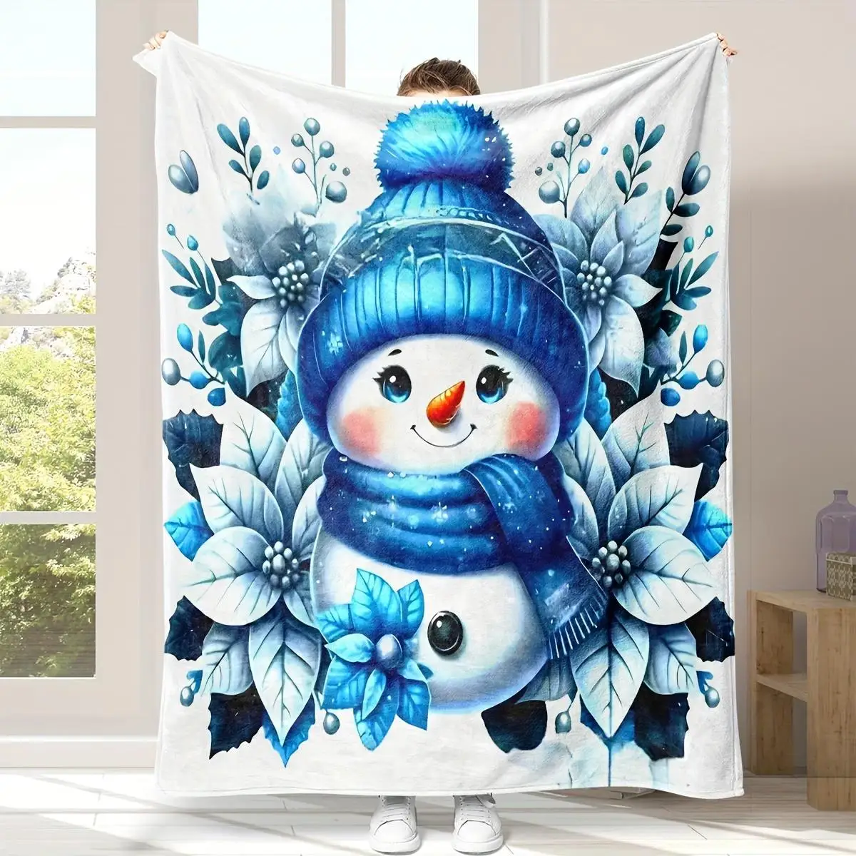 280G soft flannel Christmas snowman and floral print blanket - comfortable winter snowman with blue hat and scarf design, luxury
280G soft flannel Christmas snowman and floral print blanket - comfortable winter snowman with blue hat and scarf design, luxury
