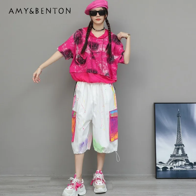 Youthful Women's Matching Set Printed Hooded T-shirt Personality Graffiti Loose Seven Points Wide Leg Pants Summer Wear Clothes
Youthful Women's Matching Set Printed Hooded T-shirt Personality Graffiti Loose Seven Points Wide Leg Pants Summer Wear Clothes