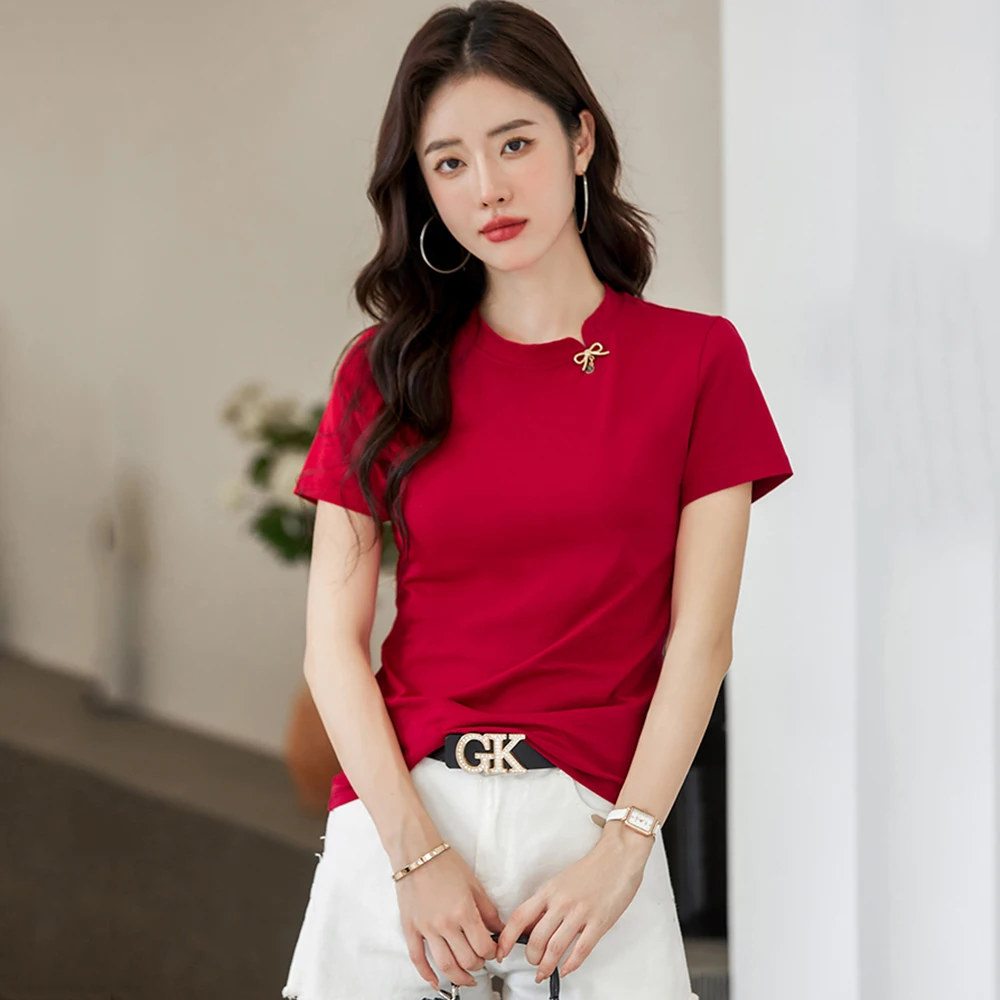 New Women Summer Stand Collar Short Sleeve T-shirt Fashion Chinese Style Bow Sweet Slim Tees Elegant Beautiful Cotton T-shirt
New Women Summer Stand Collar Short Sleeve T-shirt Fashion Chinese Style Bow Sweet Slim Tees Elegant Beautiful Cotton T-shirt