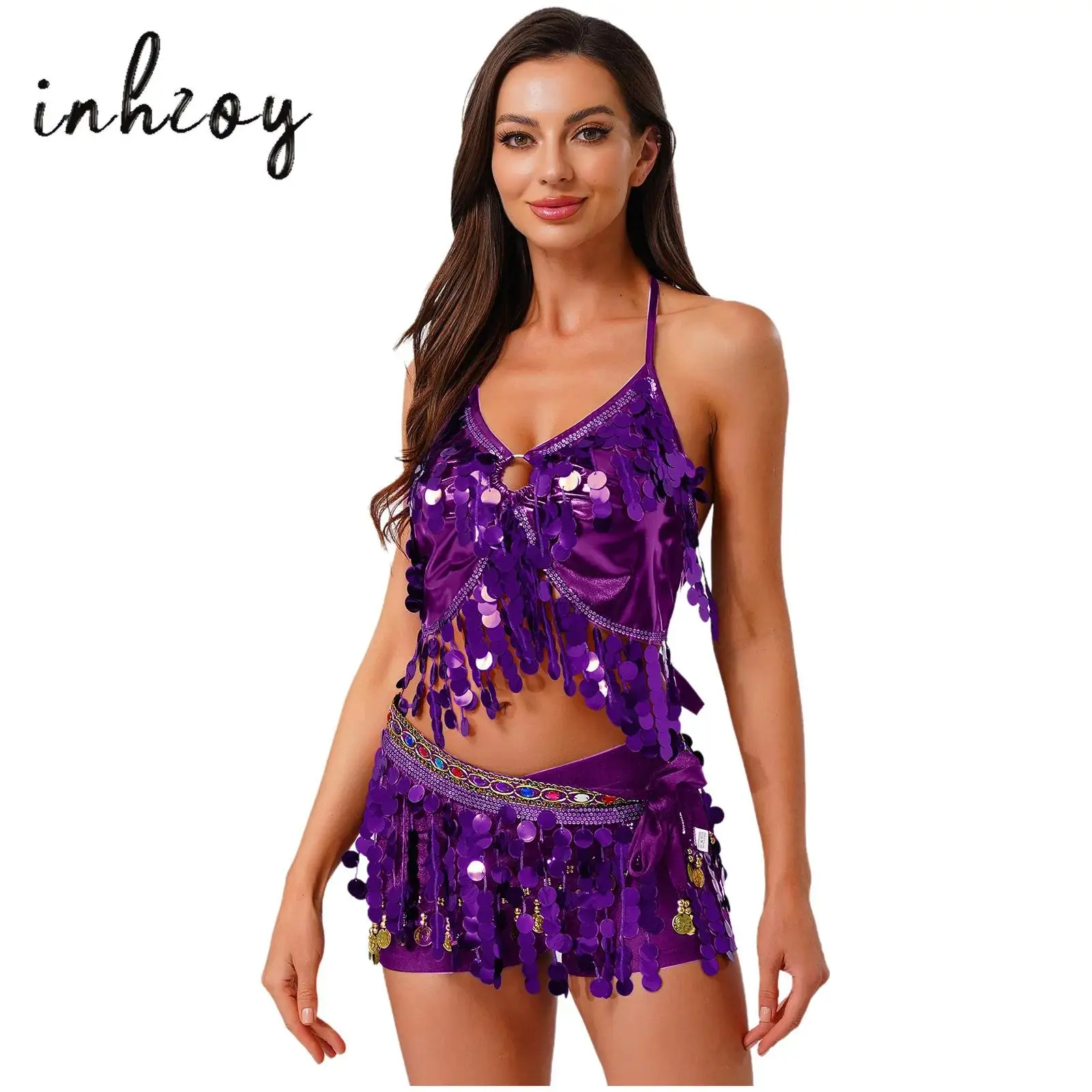 Womens Belly Dance Costume Glitter Sequin Tassel Fringe Halter Crop Top Colorful Rhinestone Triangle Hip Scarf for Performance
Womens Belly Dance Costume Glitter Sequin Tassel Fringe Halter Crop Top Colorful Rhinestone Triangle Hip Scarf for Performance