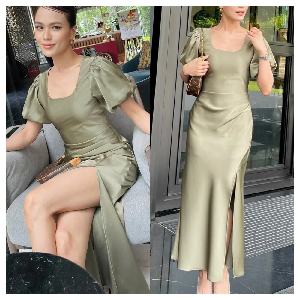 Customized Graceful Green Satin Evening Dress Simple Square Collar Short Sleeves Party Dress Temperament Celebrity Gowns
Customized Graceful Green Satin Evening Dress Simple Square Collar Short Sleeves Party Dress Temperament Celebrity Gowns
