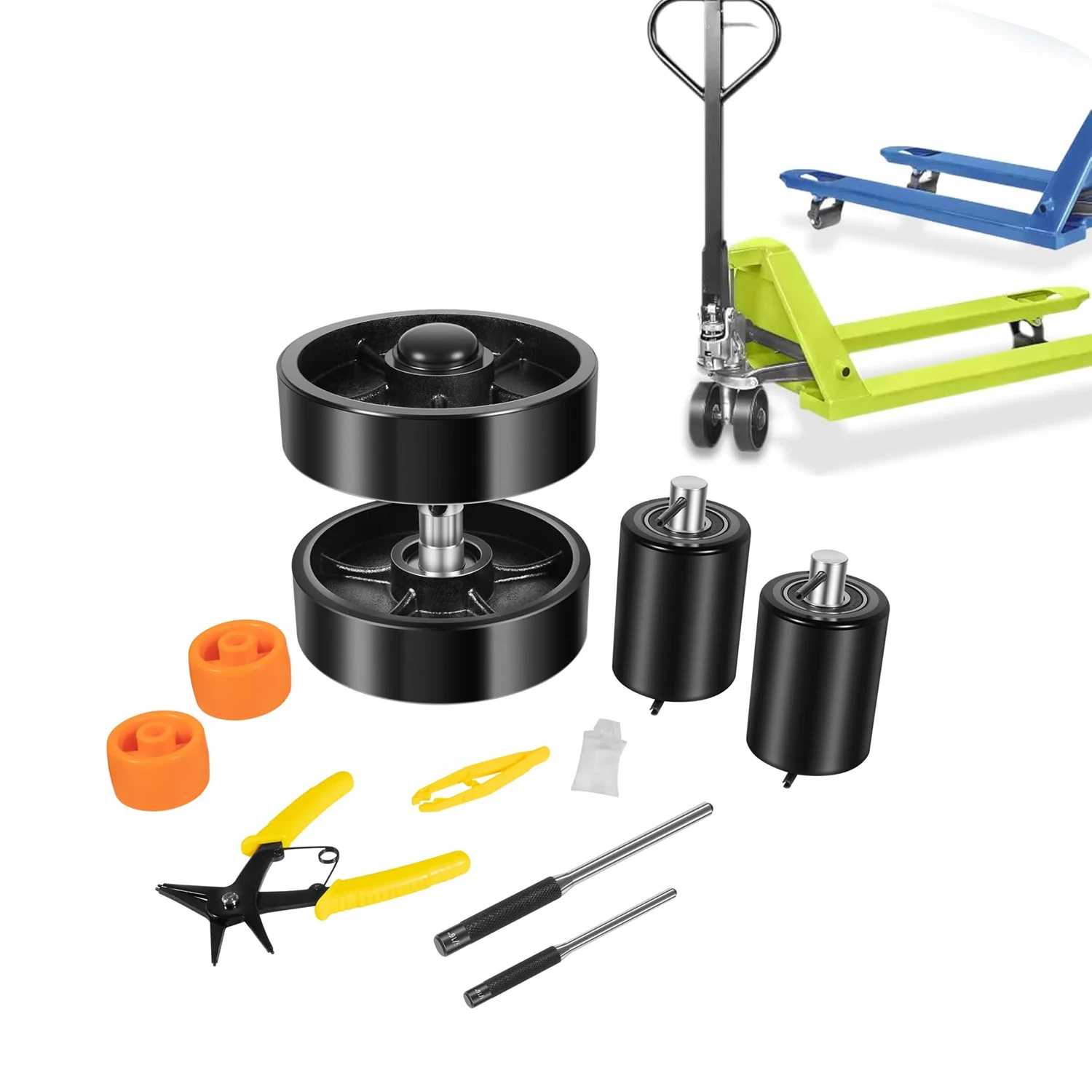 Pallet Jack/Truck FULL SET BLACK with Back Axle, Steering Wheels 7"x 2" Pair, Front Load Roller 3" x 3.75" Pair
Pallet Jack/Truck FULL SET BLACK with Back Axle, Steering Wheels 7"x 2" Pair, Front Load Roller 3" x 3.75" Pair