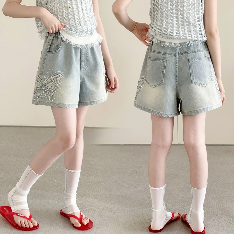 Girls Butterfly Rhinestone Denim Shorts, Light Wash Vintage A-Line Wide Leg Shorts, Summer Casual Streetwear for Kids 6-16Y
Girls Butterfly Rhinestone Denim Shorts, Light Wash Vintage A-Line Wide Leg Shorts, Summer Casual Streetwear for Kids 6-16Y