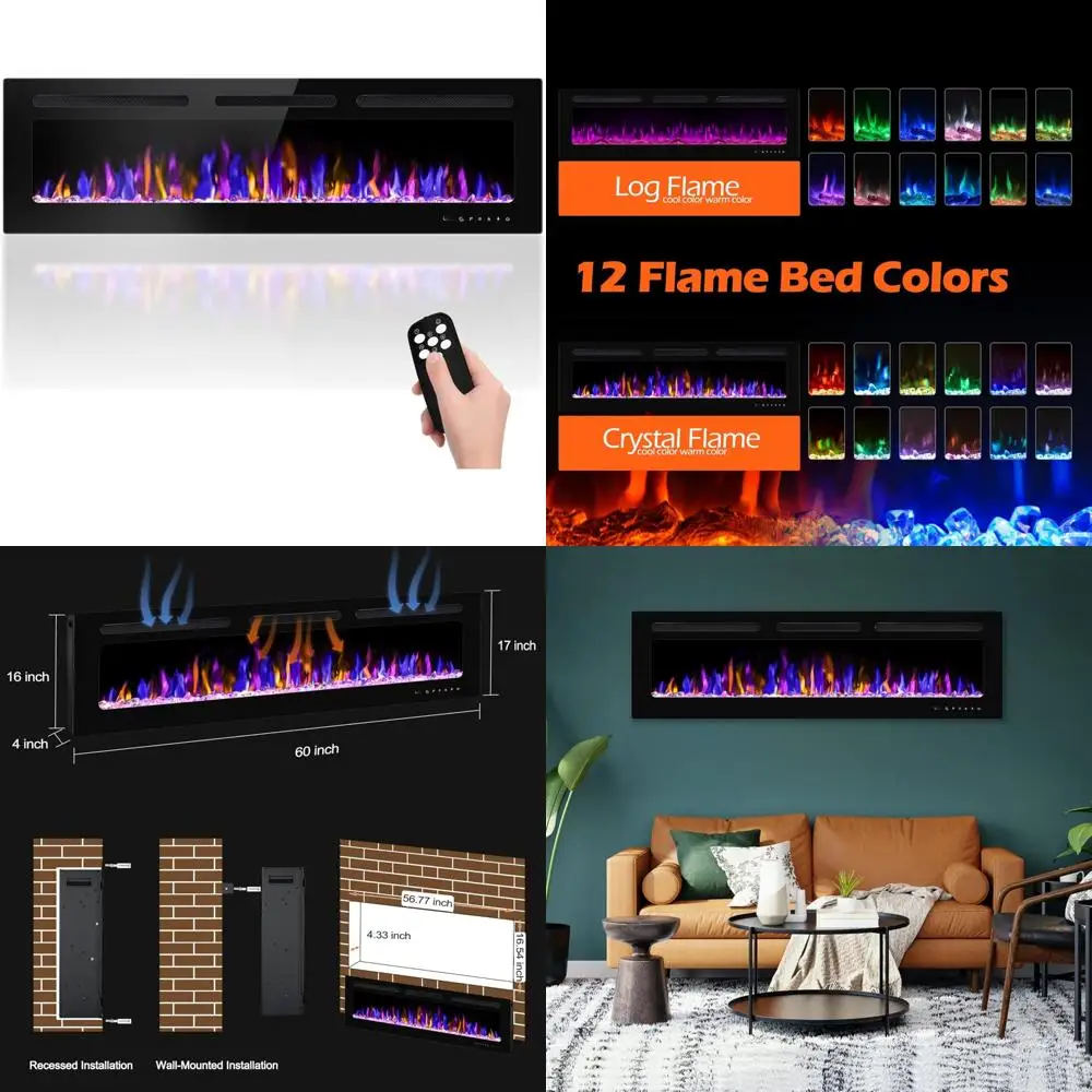 Ultra-Slim 60 Wall-Mounted Electric Fireplace Heater, 750/1500W with Remote, Timer & Adjustable Heat
Ultra-Slim 60 Wall-Mounted Electric Fireplace Heater, 750/1500W with Remote, Timer & Adjustable Heat