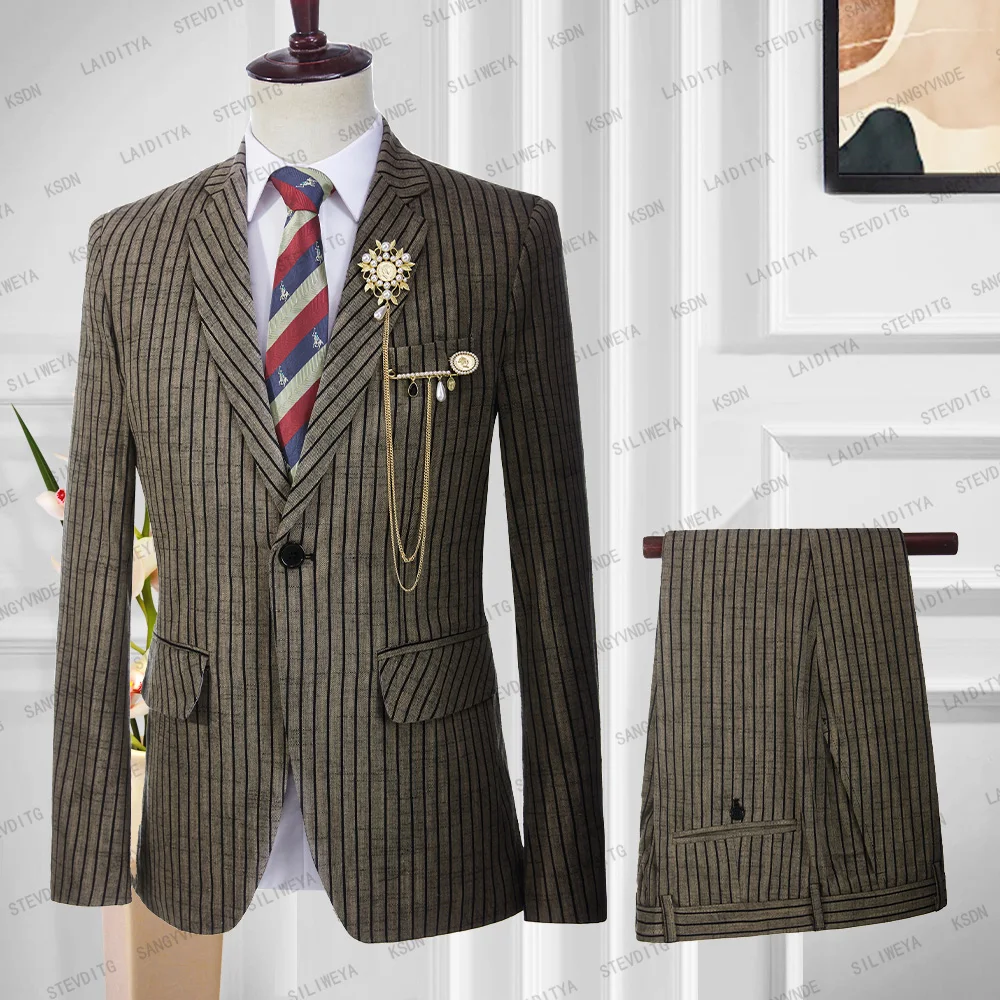 2023 New Fashion Summer Men's Casual Business Light Brown Linen Black Stripe Slim Fit Formal Dress 2 Pcs Suits Set Jacket Pants
2023 New Fashion Summer Men's Casual Business Light Brown Linen Black Stripe Slim Fit Formal Dress 2 Pcs Suits Set Jacket Pants