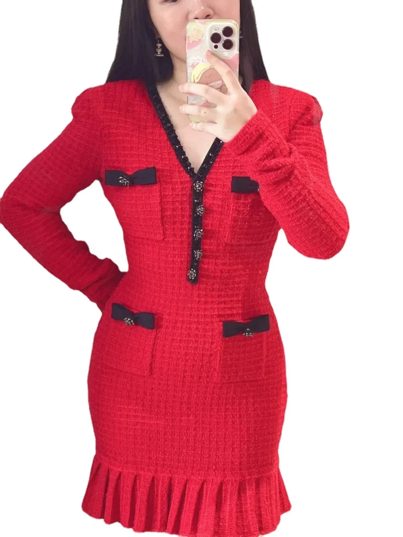 Women Red Bow Long Sleeve Dress V Neck Knitted Slim Elegant Evening Birthday Party Mini Dress Women
Women Red Bow Long Sleeve Dress V Neck Knitted Slim Elegant Evening Birthday Party Mini Dress Women